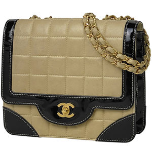 Chanel Chocolate Bar Chain Shoulder Bag Enamel Leather Beige Black